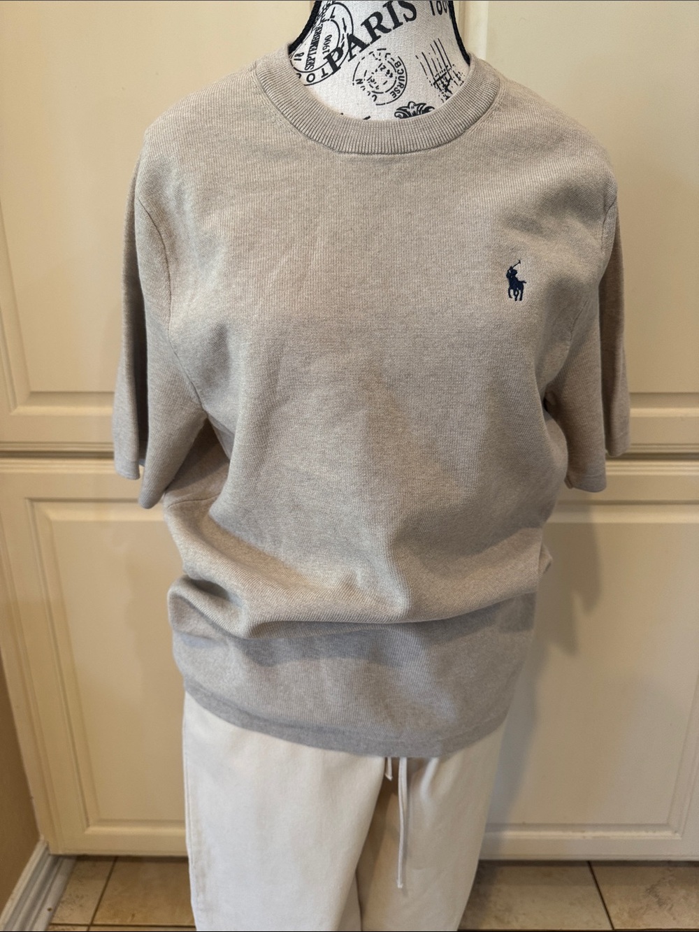 Polo by Ralph Lauren Men’s Light Gray Crewneck Sweater with Navy Logo ( uni sex)